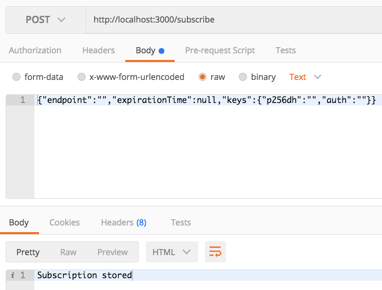 The Postman REST client POST request and response results