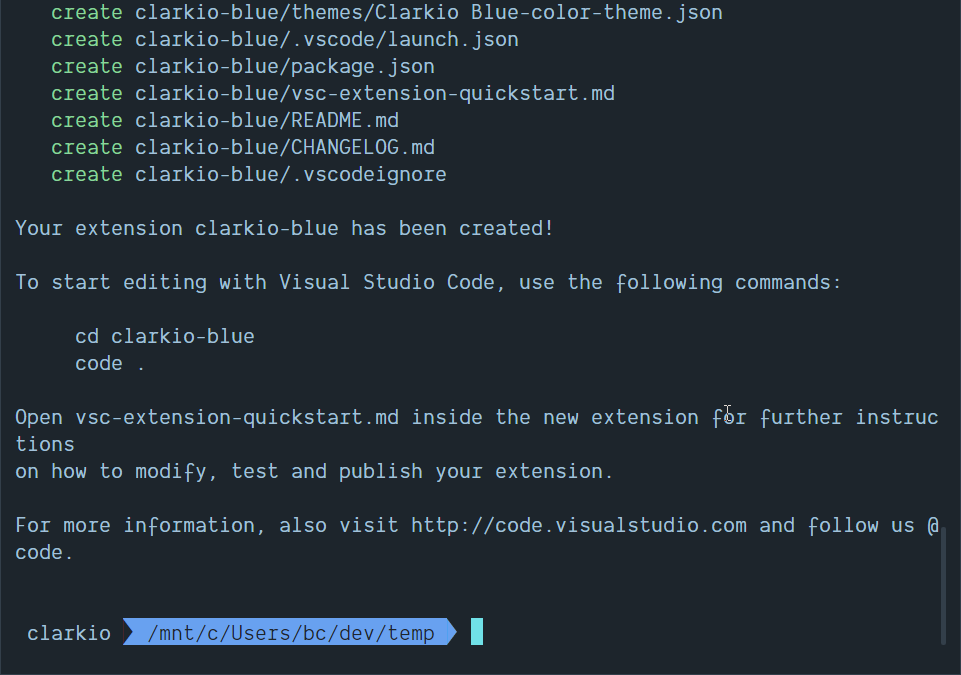 VS Code Yeoman Generator - results from running yo code in the terminal/command prompt