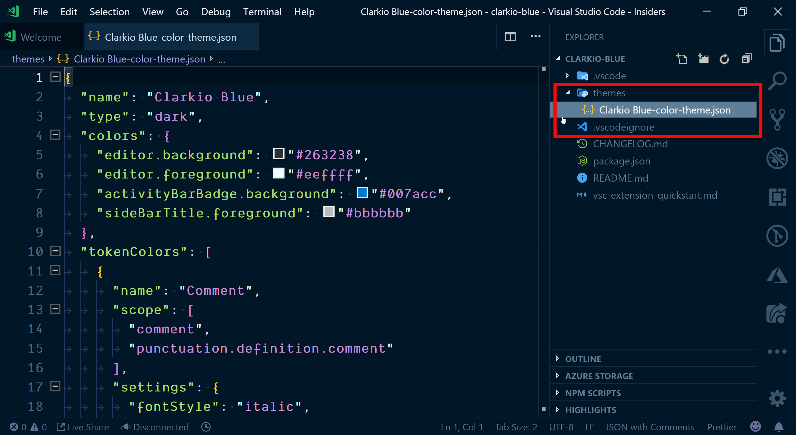VS Code with the current color theme .json file open